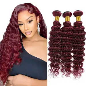 #99J Wine Red Bundles Human Hair Deep Wave Bundles 20 22 24 Inch Burgundy Deep Wave Bundle Human Hair Extensions Double Weft Unprocessed Brazilian Virgin Hair 3 Bundle 50 Grams Per Bund