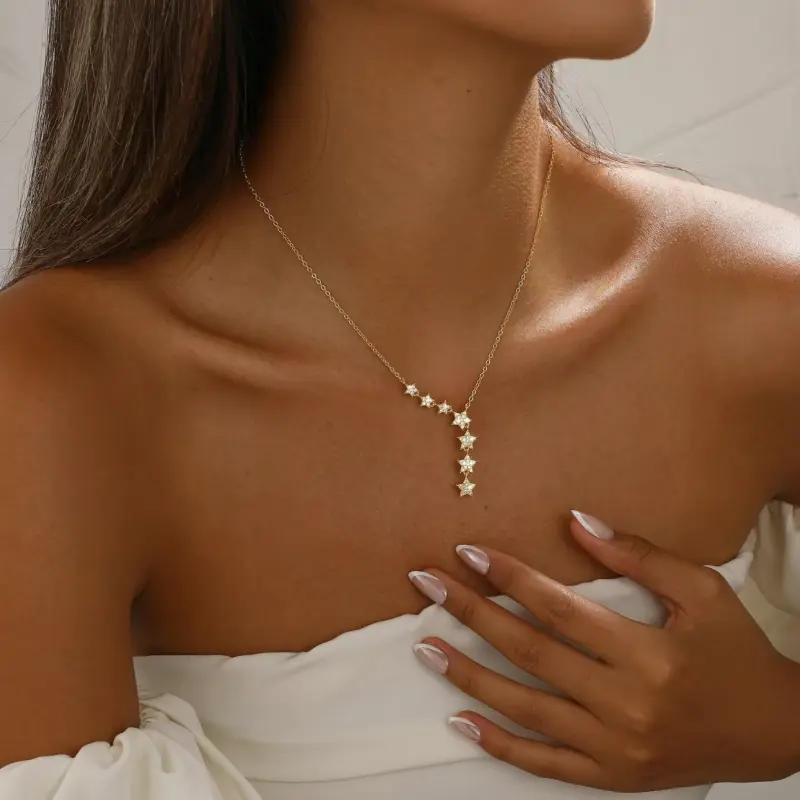 Crystal dainty star necklace for women, 14K gold-plated star CZ charm statement Y-necklace, shiny gold/silver exquisite choker necklace for women, adjustable jewelry gifts, summer wins
