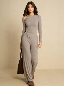 Fashion Comfortable Asymmetrical Striped Long Sleeve Tee & Straight Leg Pants Set, Womenswear, Casual Style, Regular Fit, All Seasons