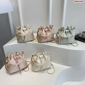 Pearl Bucket Bag for Women Chinese Inspired Crossbody Bag Large Capacity Drawstring Handbag Aesthetic Chic Shoulder Bag for Daily Travel Outfit