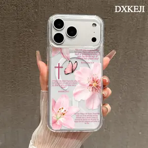 Magnetic Phone Case Supports Wireless Charging for iPhone 17 Pro Max 17 Air 11 12 13 14 15 16 Plus Pro Max Pink Floral Lily Bibleverse Pattern Non-Yellowing Shockproof Soft Silicone Transparent Acrylic Large Hole Cover