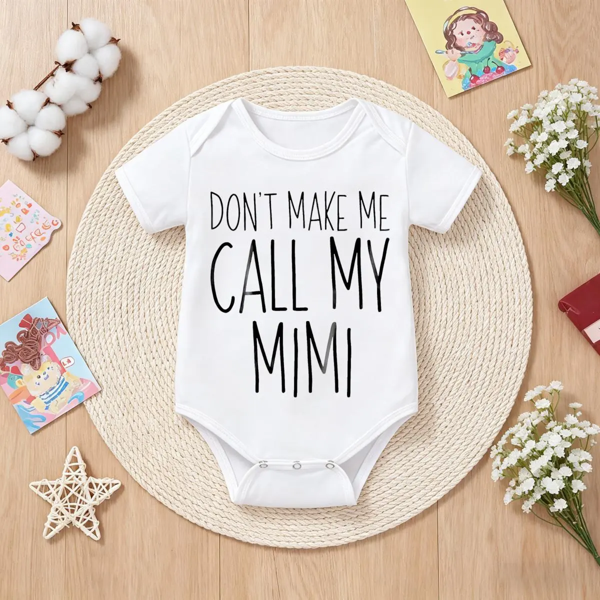 Baby Bodysuit "Don't Make Me Call My Mimi" Funny Graphic Romper, Short Sleeve Soft Cotton Outfit for Baby Boys & Girls, Breathable Playtime Clothes for Newborn & Infant 0-24M, 0-3M, 12M