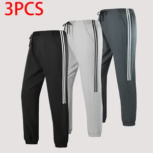 Men’s Casual Jogger Sweatpants, Lightweight Quick-Dry, Trendy Striped Cuffed Pants, Pack of 3, Quick Drying, Polyester Blend