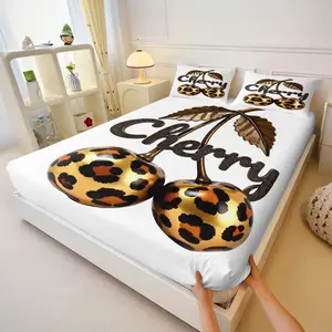 Chic Leopard Cherry Fitted Sheet Set, 3pcs Bedding Kit, Ultra-Soft Microfiber, Deep Pocket, Trendy Fruit Print, All Season Use