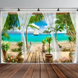1 piece, Sea view window tapestry wall hanging large size landscape polyester tapestry for living room bedroom office home room party decoration with free hanging clip, Mediterranean style castle sea view photo background tapestry