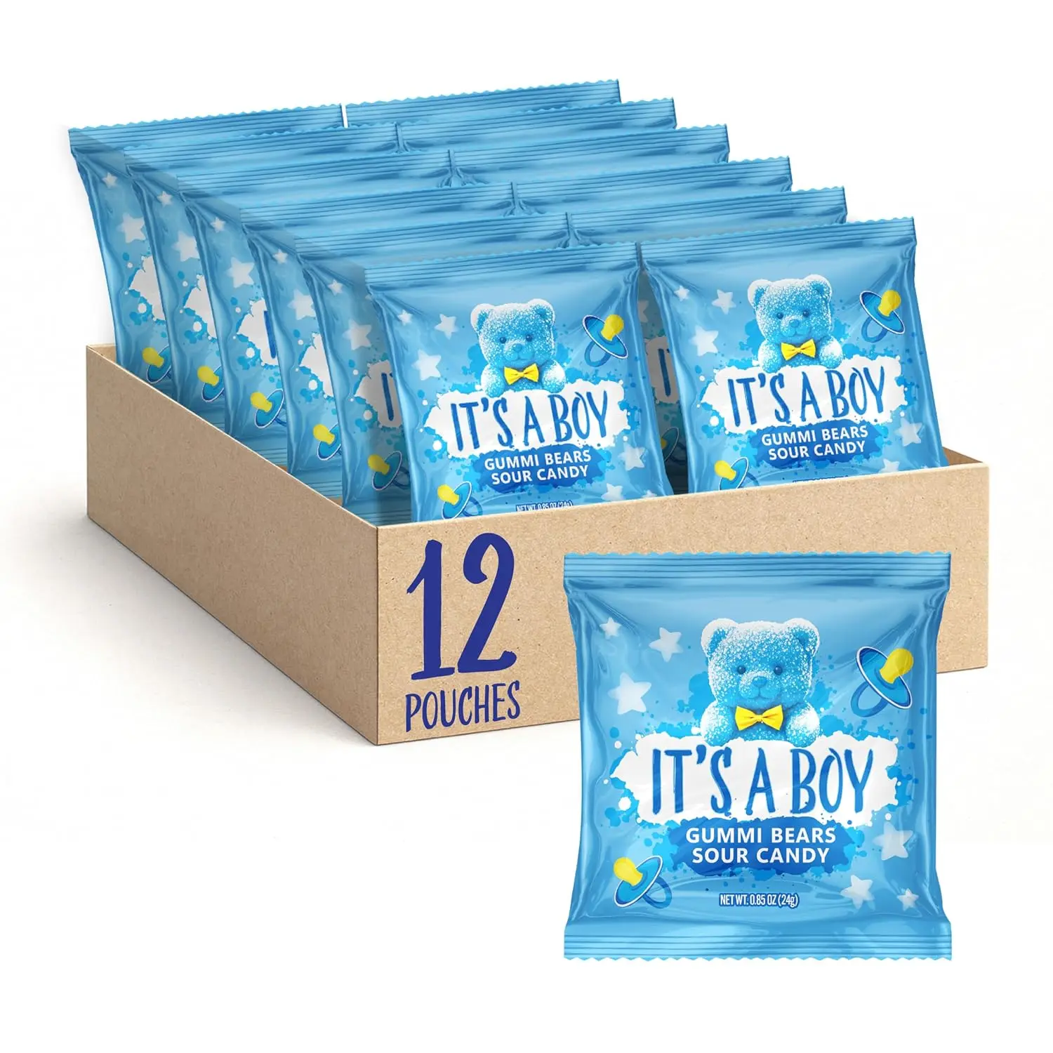 Its a Boy Candy, Blue Candy for Baby Shower, Sour Gummi Bears, 12 Packs