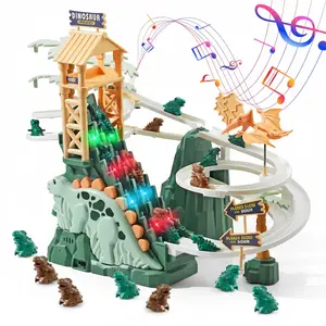 Dinosaur Climbing Slide Toy – Electric Track Playset with Lights, Music & 10 Mini Dino Cars, Double Loop Stair Climbing Adventure for Kids