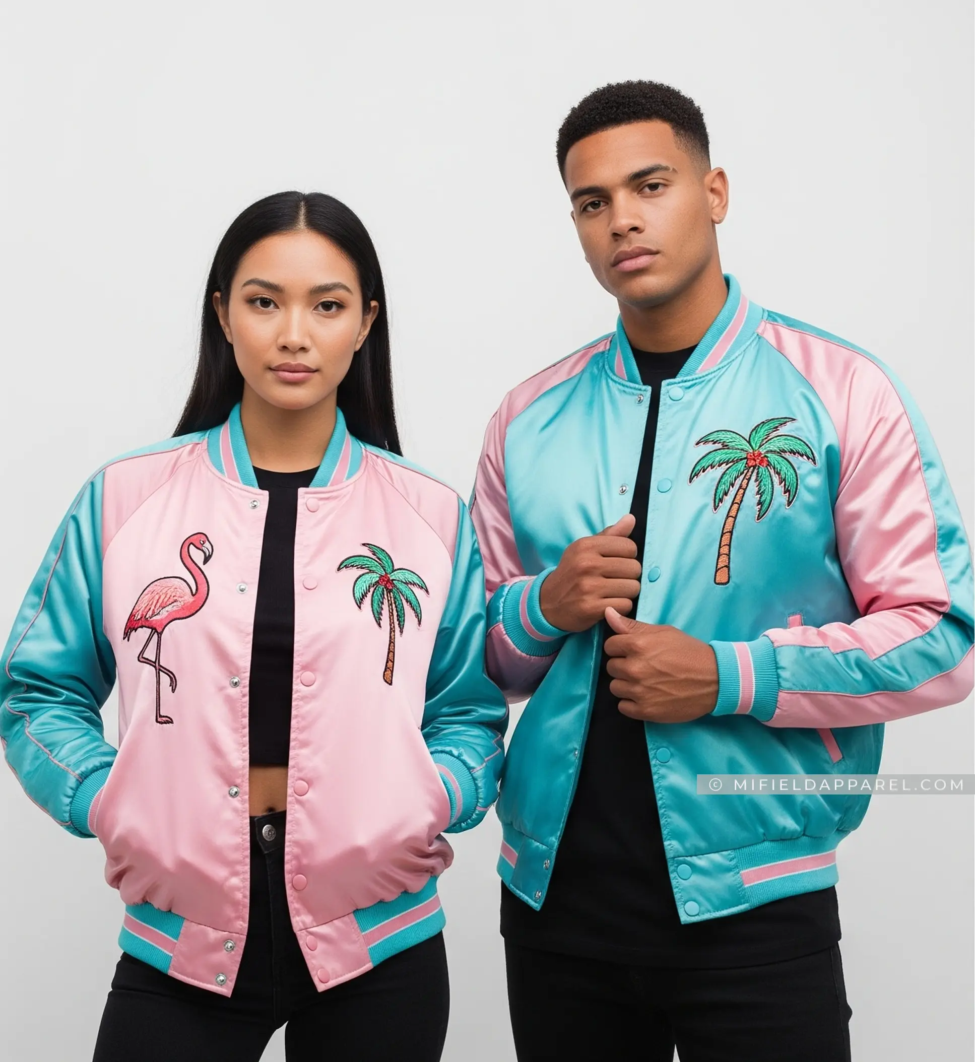 Florida Miami Vice Satin Varsity Jacket Pastel Pink & Teal Flamingo Palm Tree Embroidery Oversized Script Ribbed Cuffs Collar Hem Casual Glossy School Tops Vintage Long Sleeve Winter
