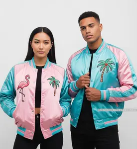 Florida Miami Vice Satin Varsity Jacket Pastel Pink & Teal Flamingo Palm Tree Embroidery Oversized Script Ribbed Cuffs Collar Hem Casual Glossy School Tops Vintage Long Sleeve Winter