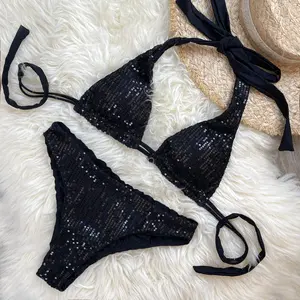 Melphieer Women's Sequins Sparkle Bikini Set Strappy Bandage Ruching Bum Two Piece Swimsuit for Beach Pool Club Holiday Outfits