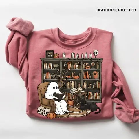 Retro Ghost Reading Books Shirt - Sweatshirt - Hoodie, Librarian Ghost Halloween Sweater, Halloween Teacher Sweatshirt, Ghost Halloween Shirt, Ghost Shirt, Teacher Halloween Gift Shirt, Full Color, For Men, For Women, Casual, Classic Fashion, Tee Print