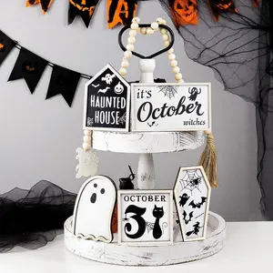 Halloween Decorations Indoor, Wooden Tiered Tray Decor Sign Set , Black Cat Signs Pumpkin Witc for Party Home Shelf Display