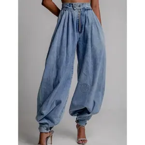 Women's High Waist Pleated Balloon Jeans Baggy Wide Leg Denim Pants with Zip Front & Adjustable Cuffed Ankles Y2K Inspired Loose Fit All Seasons
