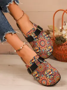 Paisley Pattern Birkinstyle Half-Draped Mules, Vintage Bohemian Style Open-Toe Slippers, Soft Wood Sole Casual Outdoor Women's Shoes