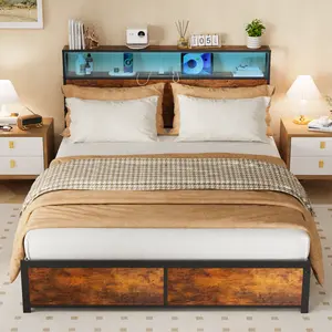 RGB Wrought Iron Bed Frame with Metal Slats Multi-Color Ambient Lighting Headboard Outlet No Spring Mattress Required Ample Storage Space for Single Double Queen King Sizes SummerVibes