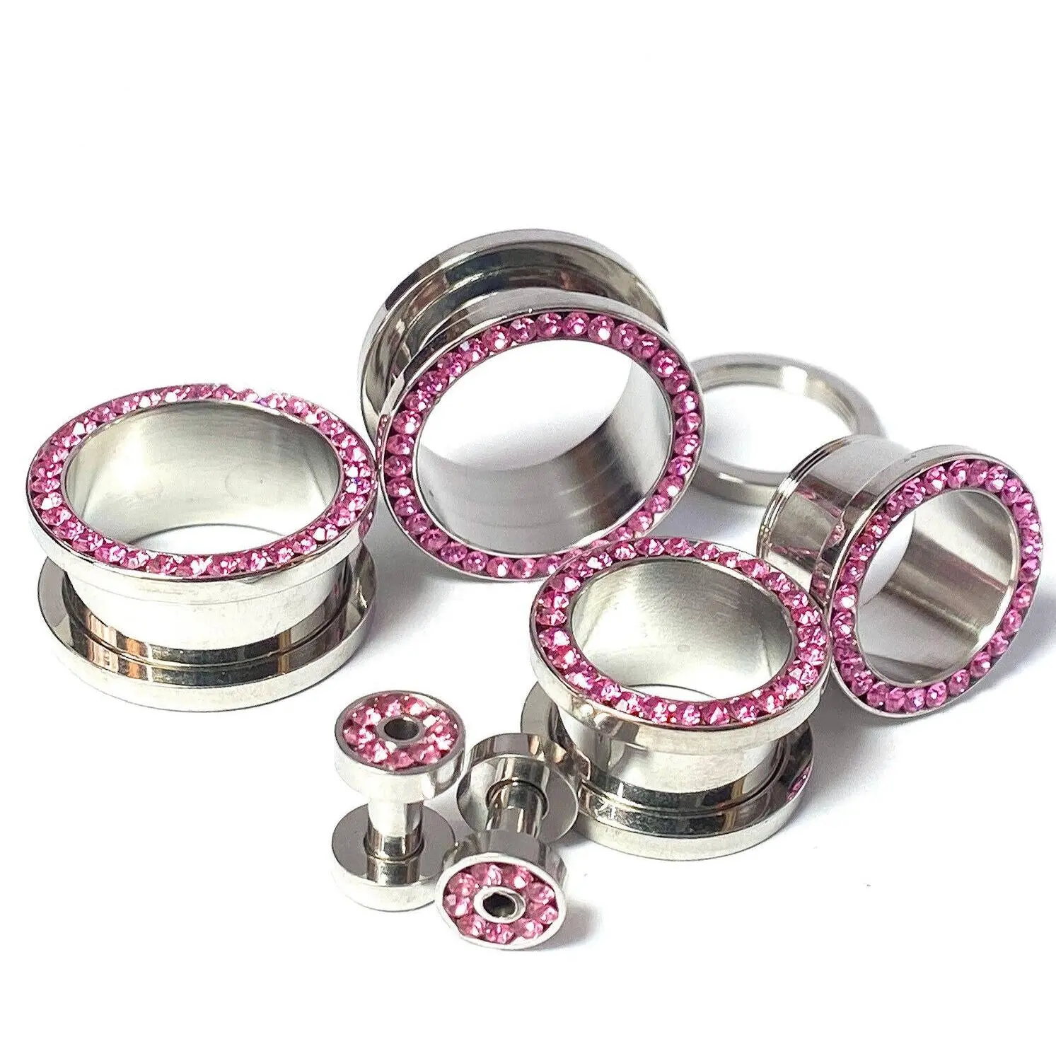 PAIR Pink CZ Gem Rimmed 316L Surgical Steel Screw Fit Tunnels Plugs Gauges