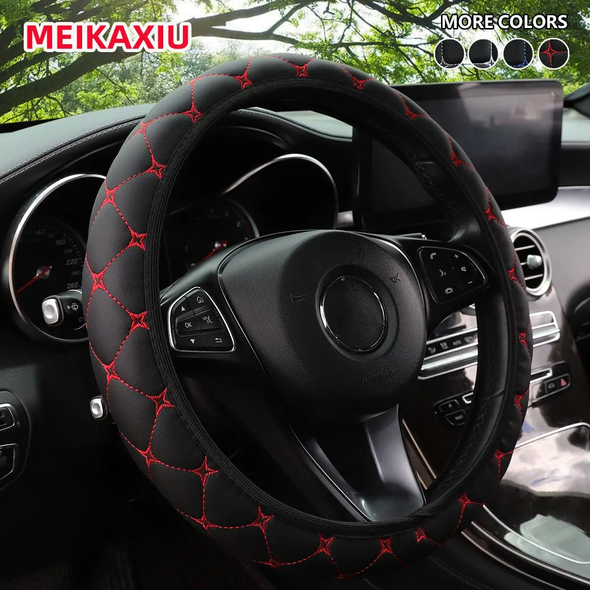 Car Steering Wheel Cover, PU Leather Car Steering Wheel Protector, Universal Car Interior Decoration Accessories for Women & Men, Automotive, Black, R
