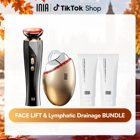 INIA GLACE & FLARE All-in-1 Face & Neck Sculpting Beauty Device Bundle - Lymphatic Drainage Products, Microcurrent Lifting, Serum Infusion, Red & Blue Light, Thermal & Cryo Therapy, Batteries, Plastic, Adult Selfcare, Buy 1 Get 4 Ideal Gift Set
