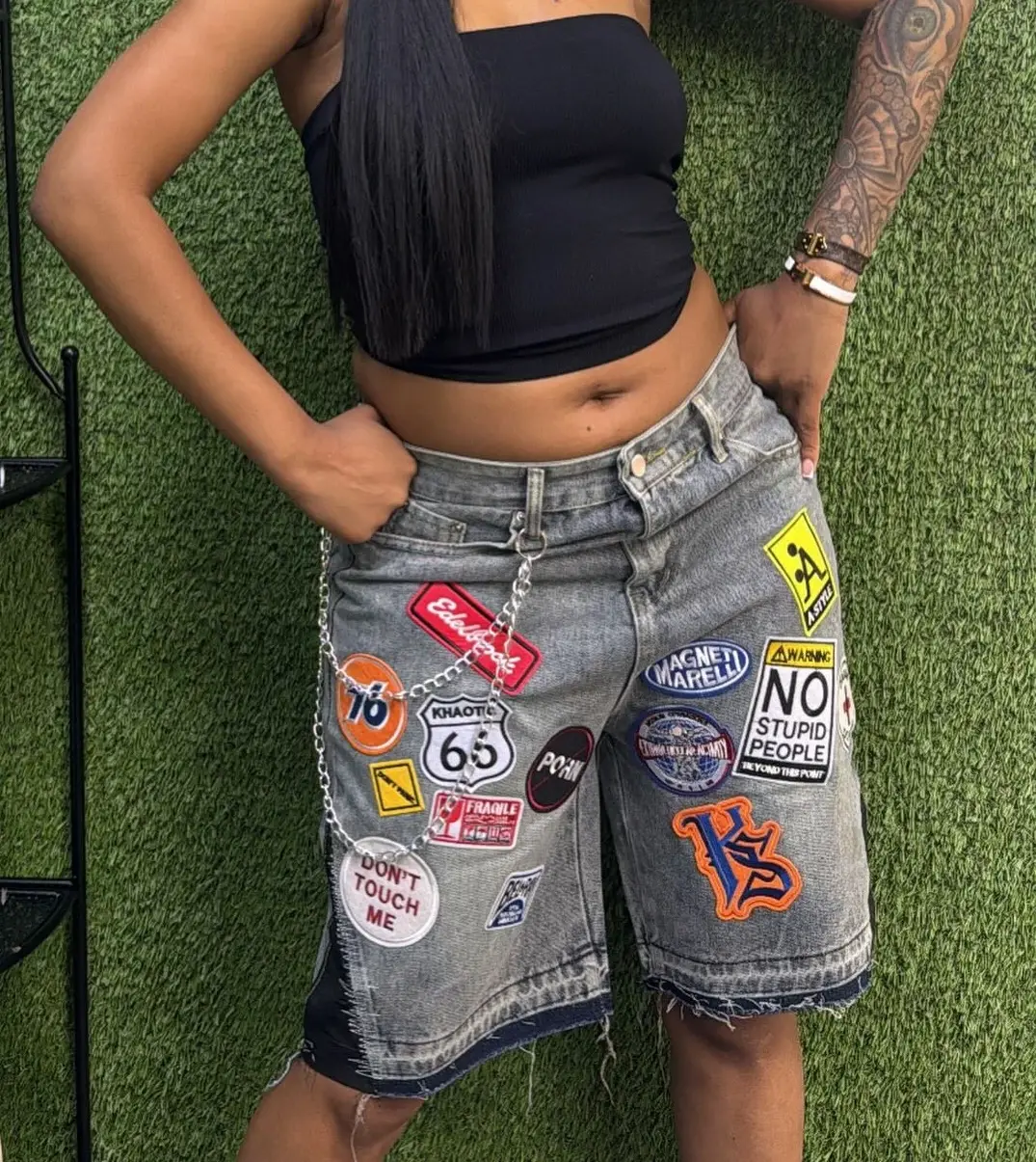 Harajuku Hip Hop Cartoon Denim Shorts Women Embroidery Patchwork Baggy Short American 2000s Y2k Jeans Low Waist Sports Shorts