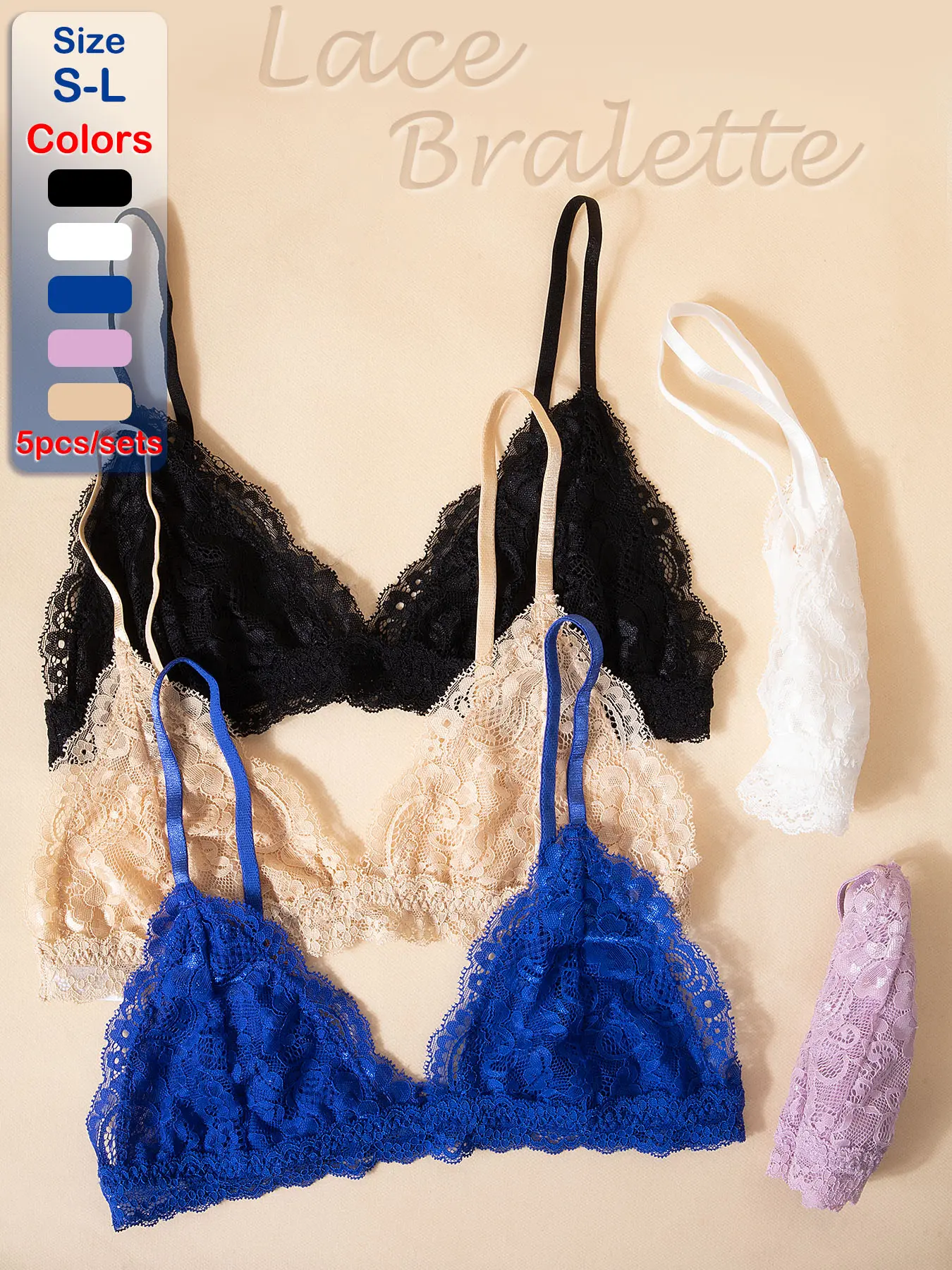 5pcs Small Chest Bras Sexy Cute Bralette Lace Bra Thin Lightweight Triangle Lingerie Wireless Women's Underwear Vneck Bra Deep V with Backless Top Adjustable Fit Womenswear