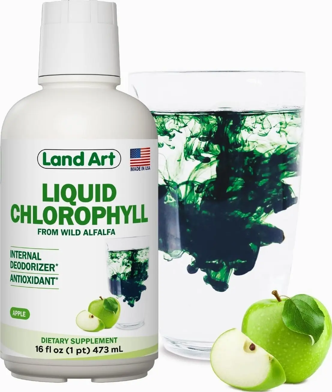 Liquid Chlorophyll Apple Flavored – Cold Extracted from Wild Non-GMO Alfalfa - Alkaline - Natural Body Deodorant – Antioxidant - 16 fl oz
