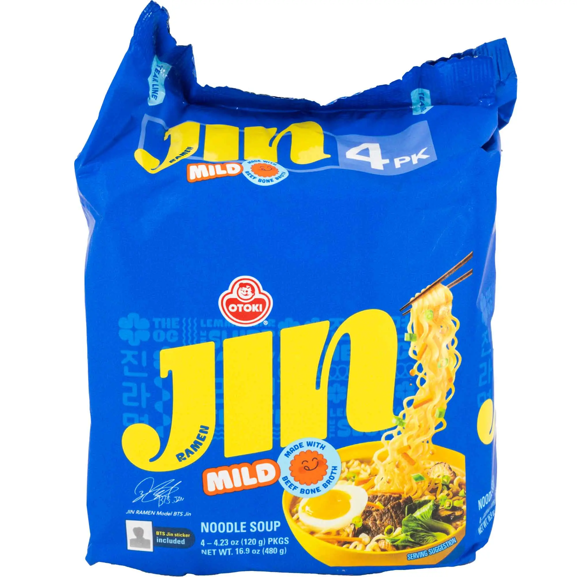 OTTOGI Mild Spicy Jin Ramen Family Pack - 4 Packs (480g) Korean-Style Instant Noodles, Soft & Chewy Texture, Rich Broth, Savory Vegetable-Infused Pantry Staple Snacks, Distinct Flavor