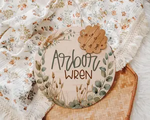 Arbor Wren Collection Gender Neutral Door Hanger, Birth Announcement Greenery
