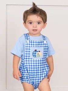 Pumpkin Patch Skies Embroidered Plaid Overall Bubble Set