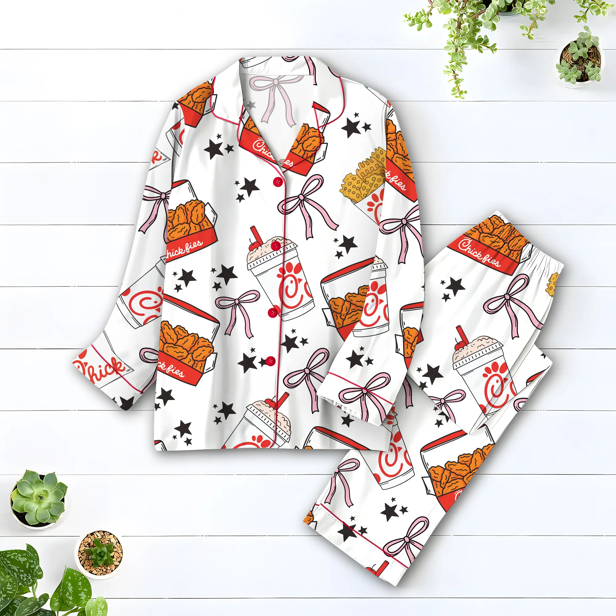 Women's Chicken Nugget & Coquette Bow Print Satin Pajama Set, Short & Long 2-Piece Sleepwear