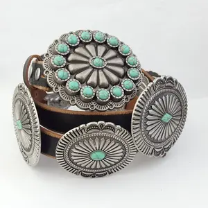 Genuine Distressed Leather Western Concho Belt with Faux Turquoise Stone Buckle