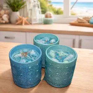 Handmade Marine Soy Candle 7 oz - Blue Glass Jar with Seashell Accents LIMITED EDITION