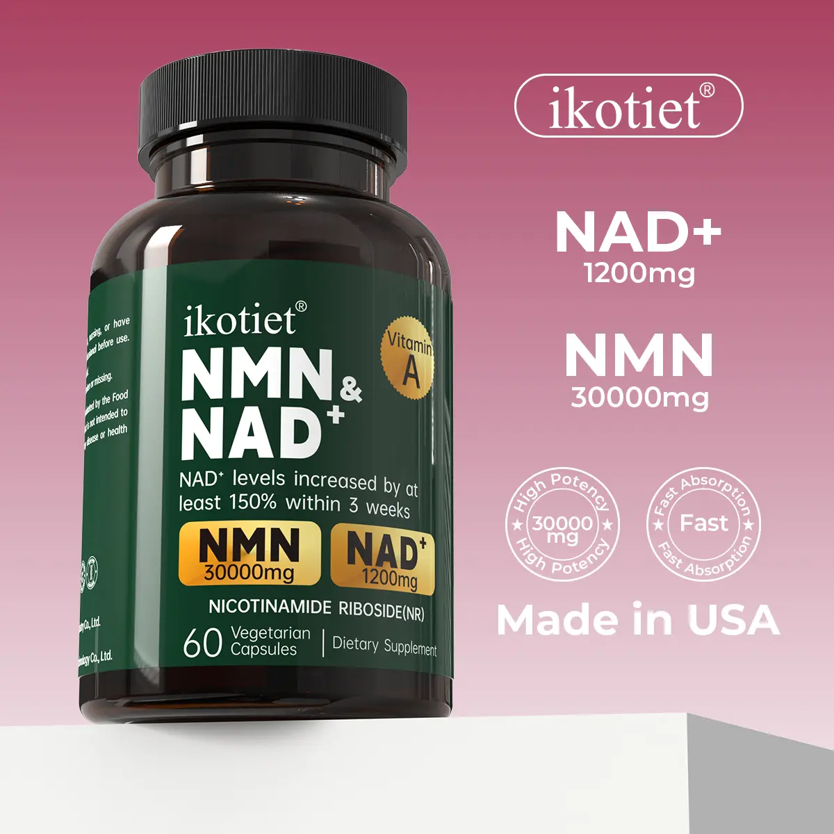 ikotiet NMN High-Performance Nutritional Supplement, featuring an NMN + (30,000 hg) + NAD+ (1,200 hg) formula | Contains NR and ribose | Cell repair, anti-aging, and overall health maintenance | 60 vegetarian capsules, suitable for all adults