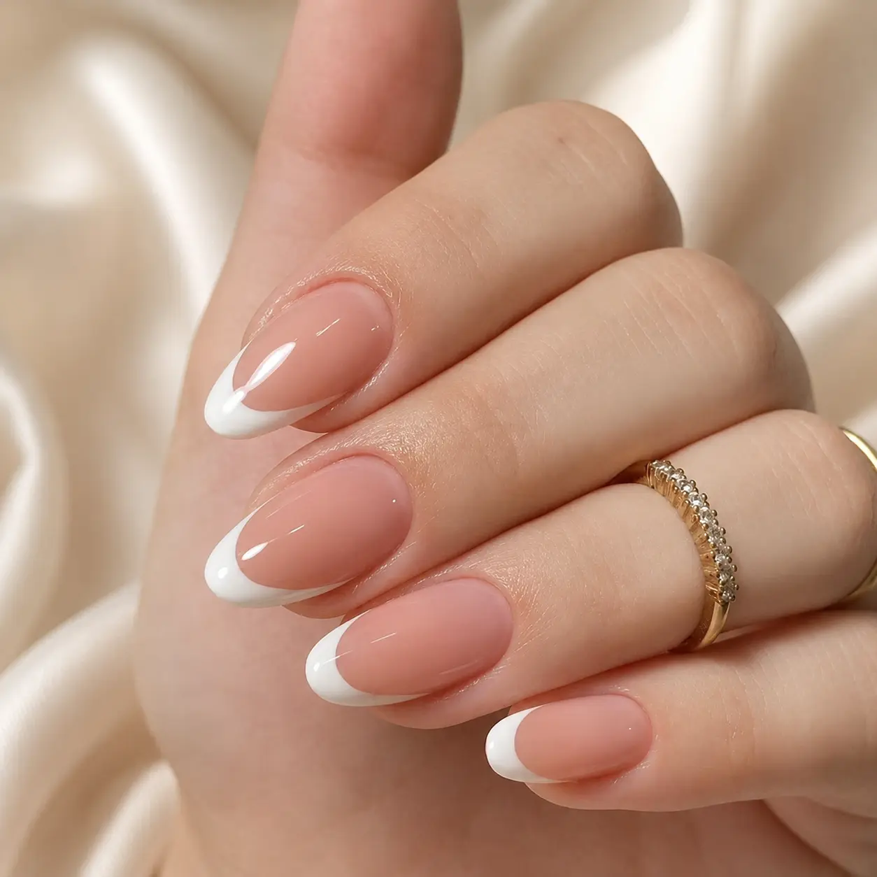 French Tip Press On Nails 24 pcs, 12 Sizes, Short Almond Shape, Glossy Soft Pink and White Fake Nails, Natural Looking Stick On Nails for Everyday Wear, Work, Date Night, Bridal and Wedding Guest Occasions
