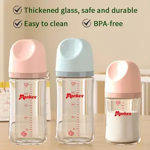 Glass Baby Bottle 160ml/240ml, Wide Neck, Heat-Resistant, BPA-Free, Anti-Colic, Breastfeeding Bottle with Natural Response Eccentric Nipple, Easier Feeding, Suitable for Babies, Newborns, Durable and Easy to Clean, Cute Pink/Blue Cap, Magic Baby Bottle