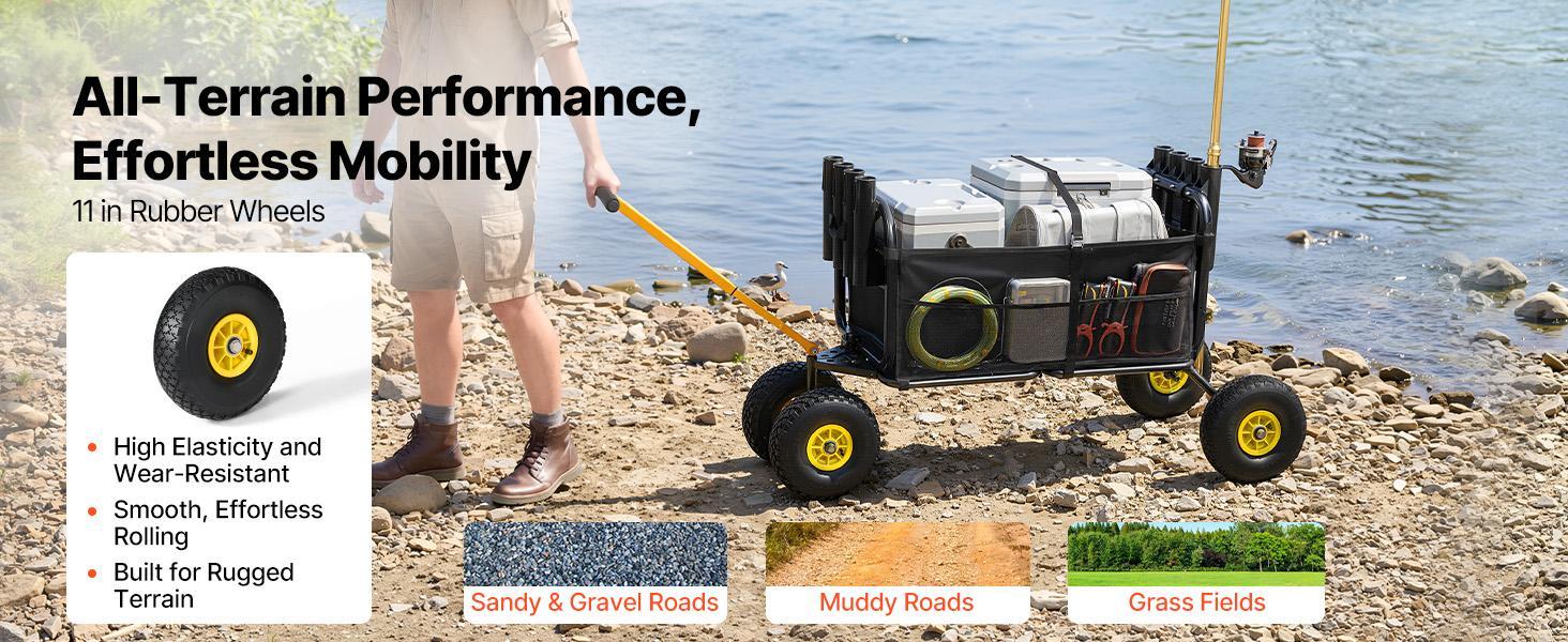 VEVOR Beach Fishing Cart, 300 lbs Load Capacity, Foldable Fishing Cart with Heavy-Duty Carbon Steel Frame, 11-Inch All-Terrain Tires, 8 Rod Holders, Strap, Easy to Clean, for Outdoor Camping Picnic