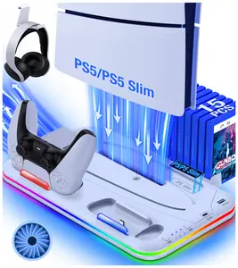 PS5 Stand and Cooling Station with Controller Charging Station for PS5 Slim, PS5 Accessories 3 Levels Cooling Fan, RGB Light, 15 Game Storage, Headset Holder for Playsation 5 Digital/Disc