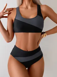 Women's Sporty Two-Piece Swimsuit Set, Slim-Fit Patchwork Design, Lightweight Active Wear Swimwear, Casual Competition Style
