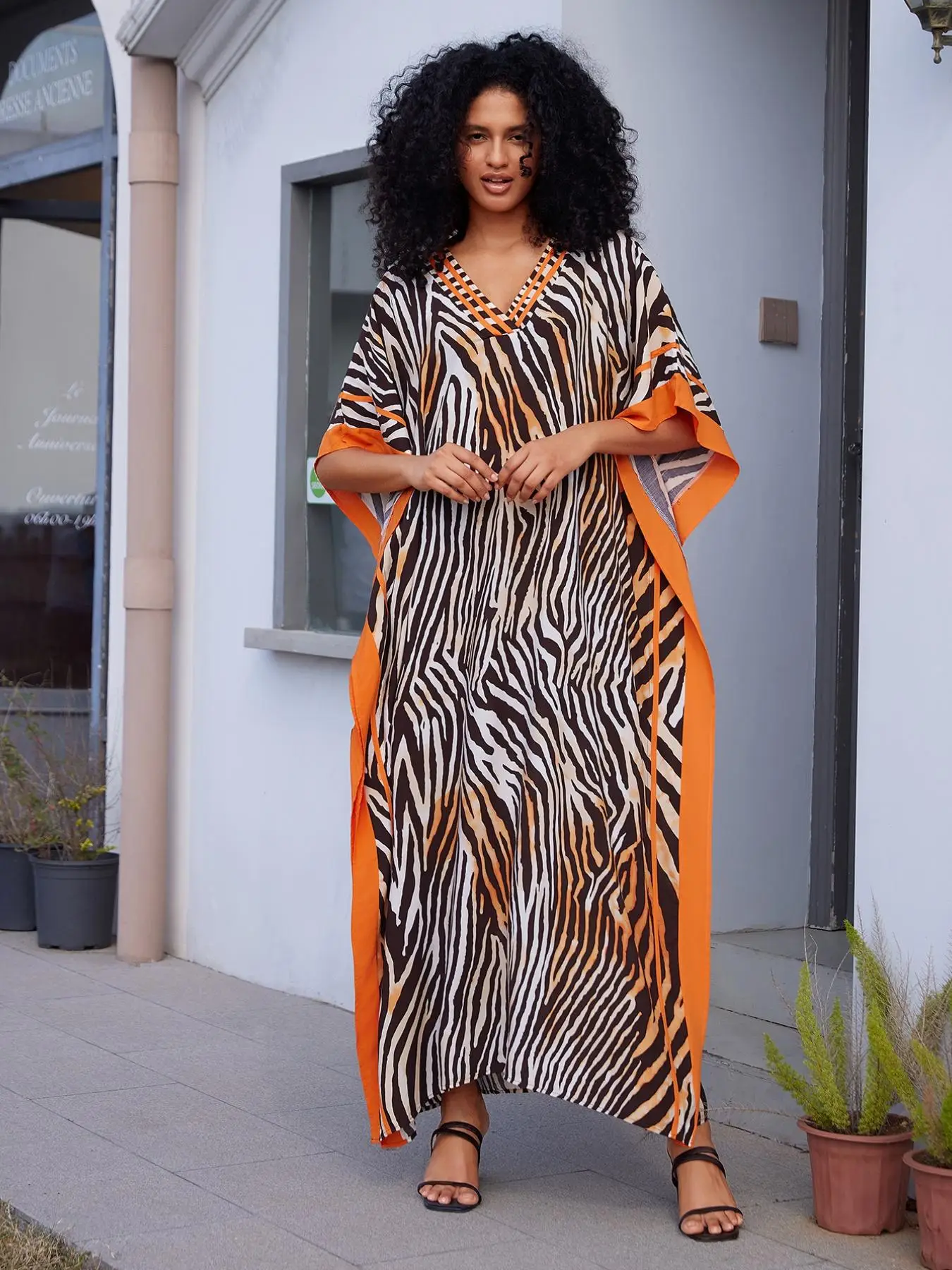 EDOLYNSA Striped Women's Kaftan Long Dress Oversized Chic Bohemian House Robe Beachwear Vacation Bathing Suit Cover Up Lounge Wear