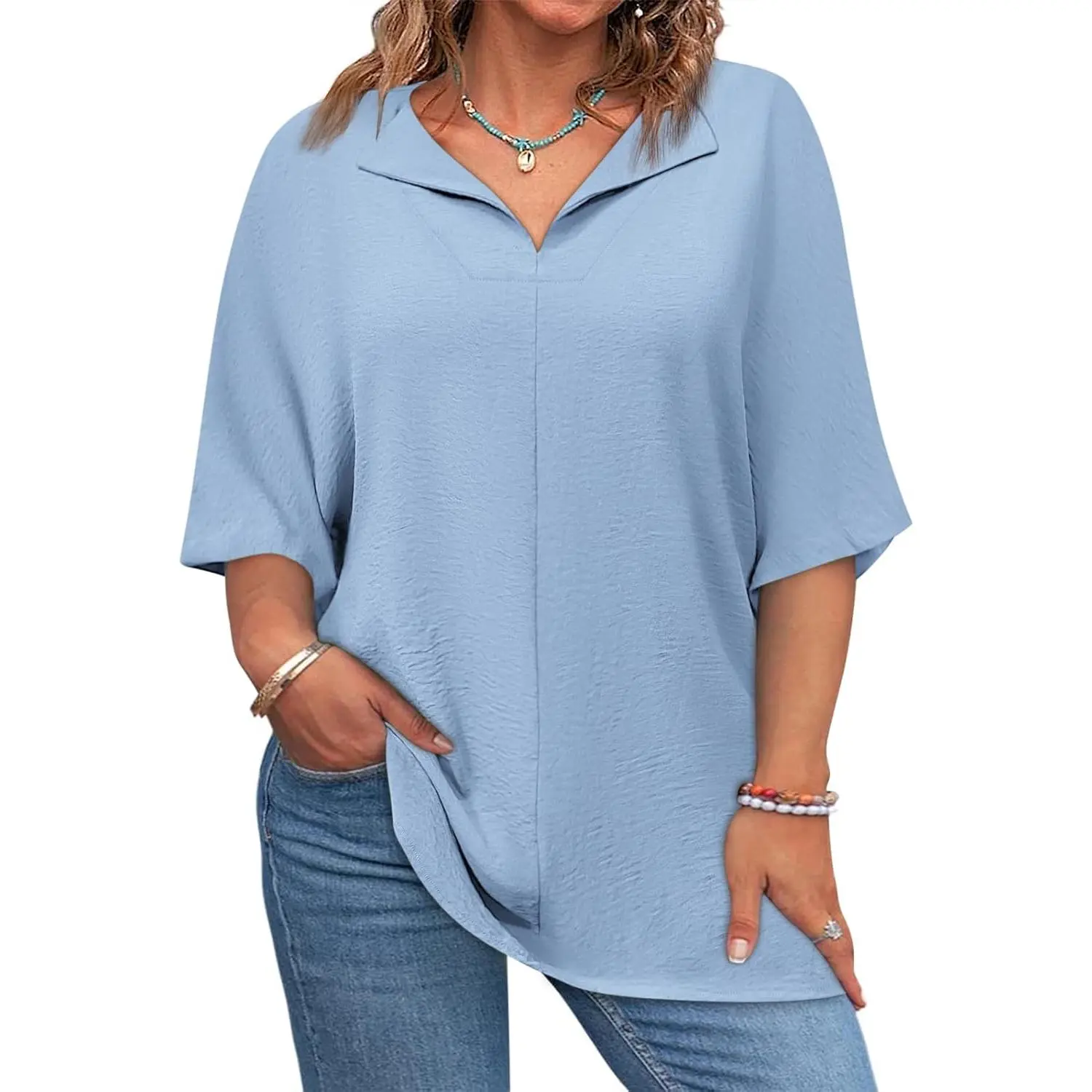 Goranbon Women's Plus Size Polyester Basic Chic Maternity Lady's Short Sleeve V-Neck Loose Fit Summer Casual Tunic Blouse, XL-5XL