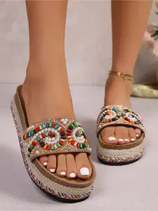 Women's Summer Fashion Thick Sole Sandals Bohemian Style Platform Slides 2026 New Trendy Rhinestone Colorful Stone Slippers O Wedge Beach Shoes Must-have for Coastal Vacation