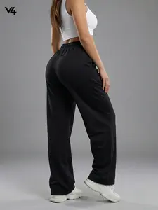 Vibe404 Women's Lightweight Black Wide Leg Elastic Waist Sweatpants Comfy High Waisted Non-Fleece Lounge Pants Loose Fit Athleisure Pants for Yoga Gym & Daily Wear