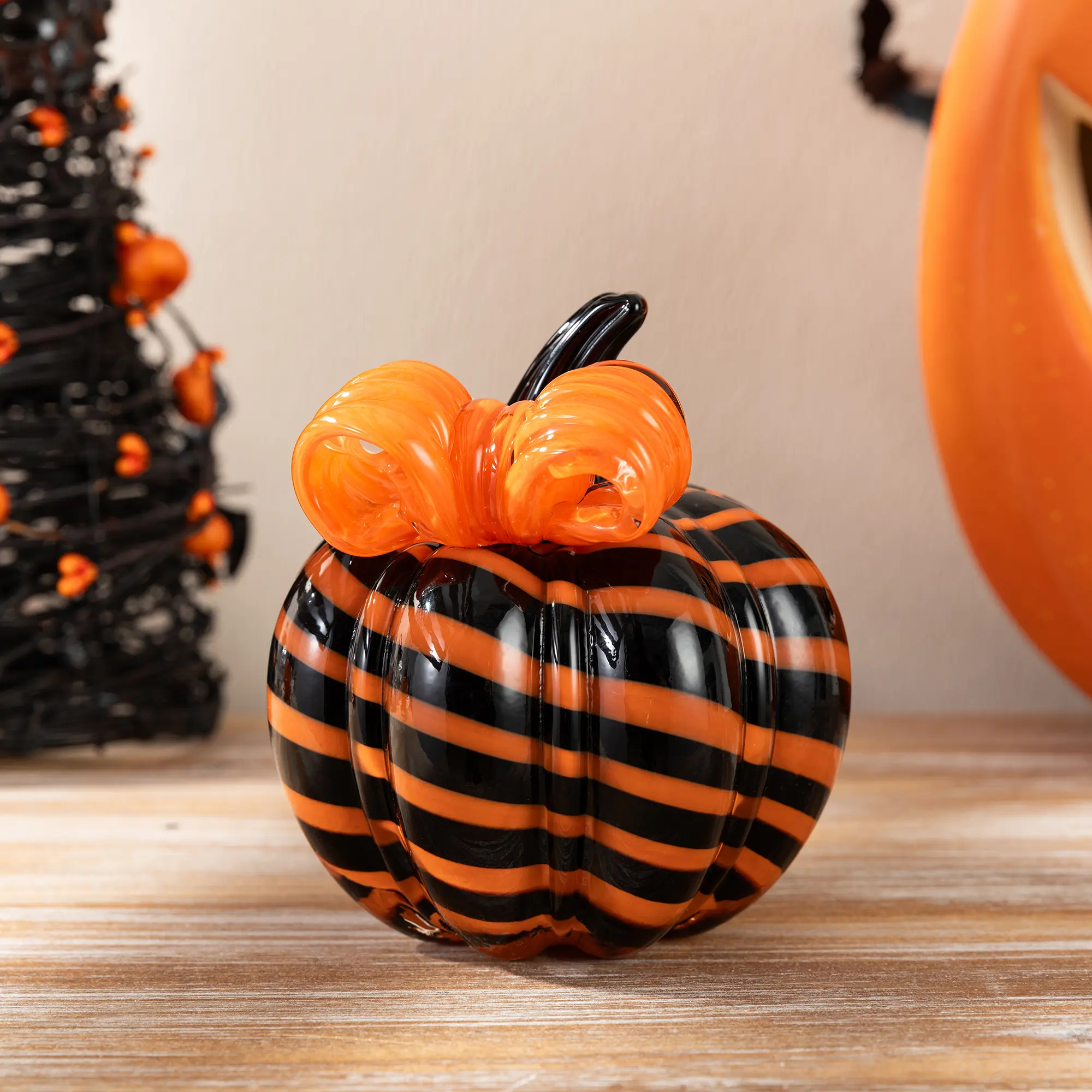 Glitzhome 4.75"H Unique Modern Luminous Striped Glass Pumpkin, Decorative Halloween Ornament with Bow