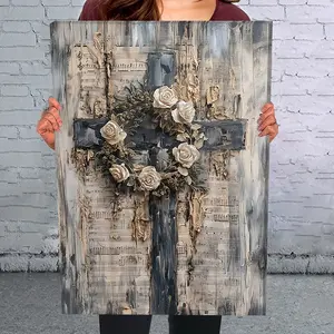 1 Piece Elegant Cross and White Rose Canvas Art Print with Wooden Frame - Durable, Ready-to-Hang Wall Decoration, Suitable for Living Room, Bedroom, Office - Ideal Gift for Home and Holiday Decoration, 2D, Floral Wall Art, Ready-to-Hang, Perfect for Room