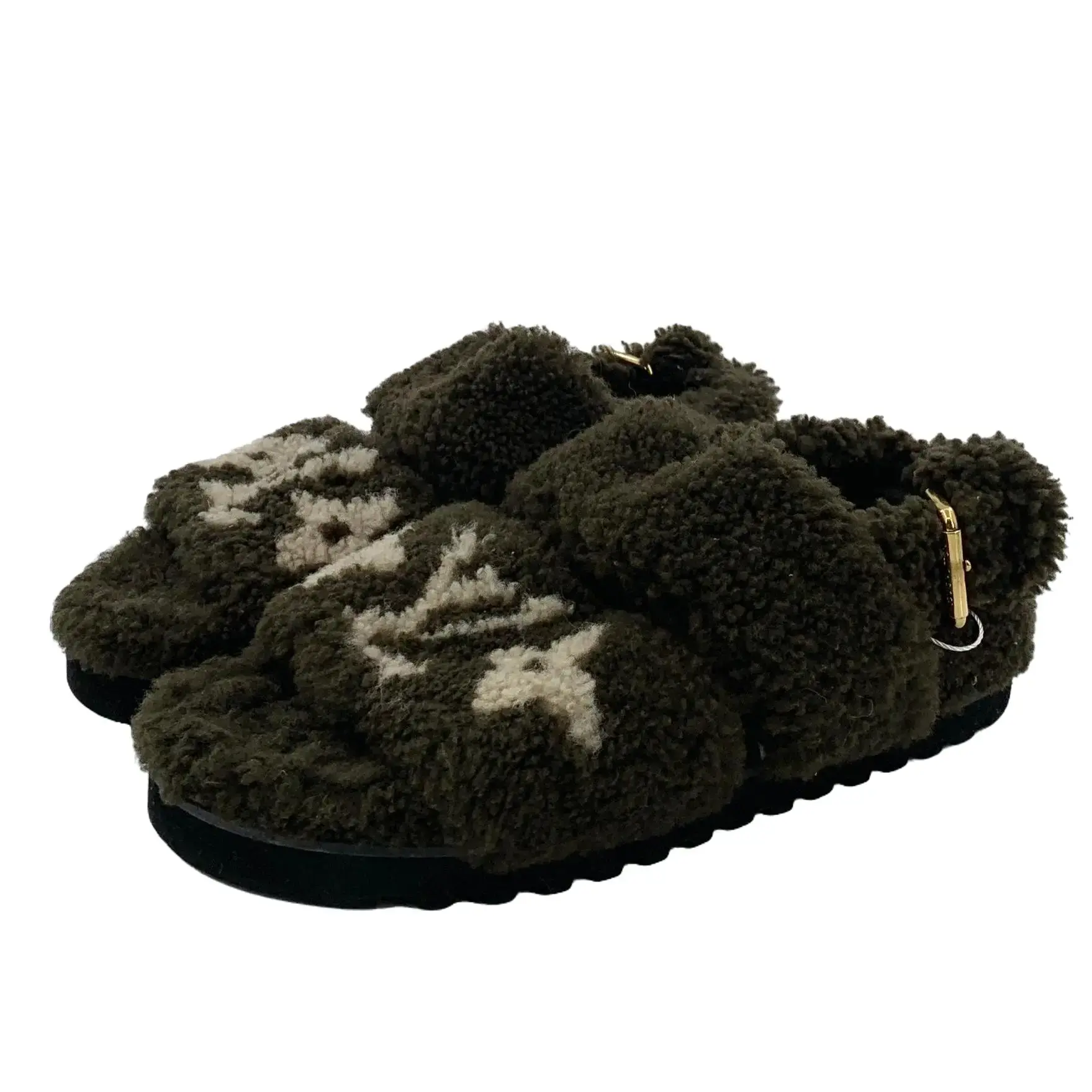 RDLT-Louis Vuitton Size 36 Paseo Comfort Deep Green Monogram Intarsia Furry Flat Sandals-X31609