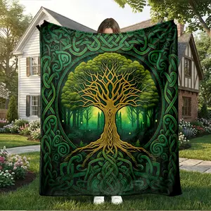 1pc Emerald Celtic Knot Tree Flannel Blanket, Ultra-Soft Warm Microfiber Fleece Blanket, All-Season Comfortable Throw for Office Reading Movie Camping Yoga Meditation, Decorative Gift