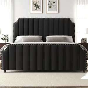 Garvee Queen Size Velvet Platform Bed Frame with 50.2" Tall Vertical Channel Tufted Headboard & Footboard, Nailhead Trim, Upholstered in Multiple Colors, Sturdy Wooden Slats, Noise-Free, No Box Spring Needed