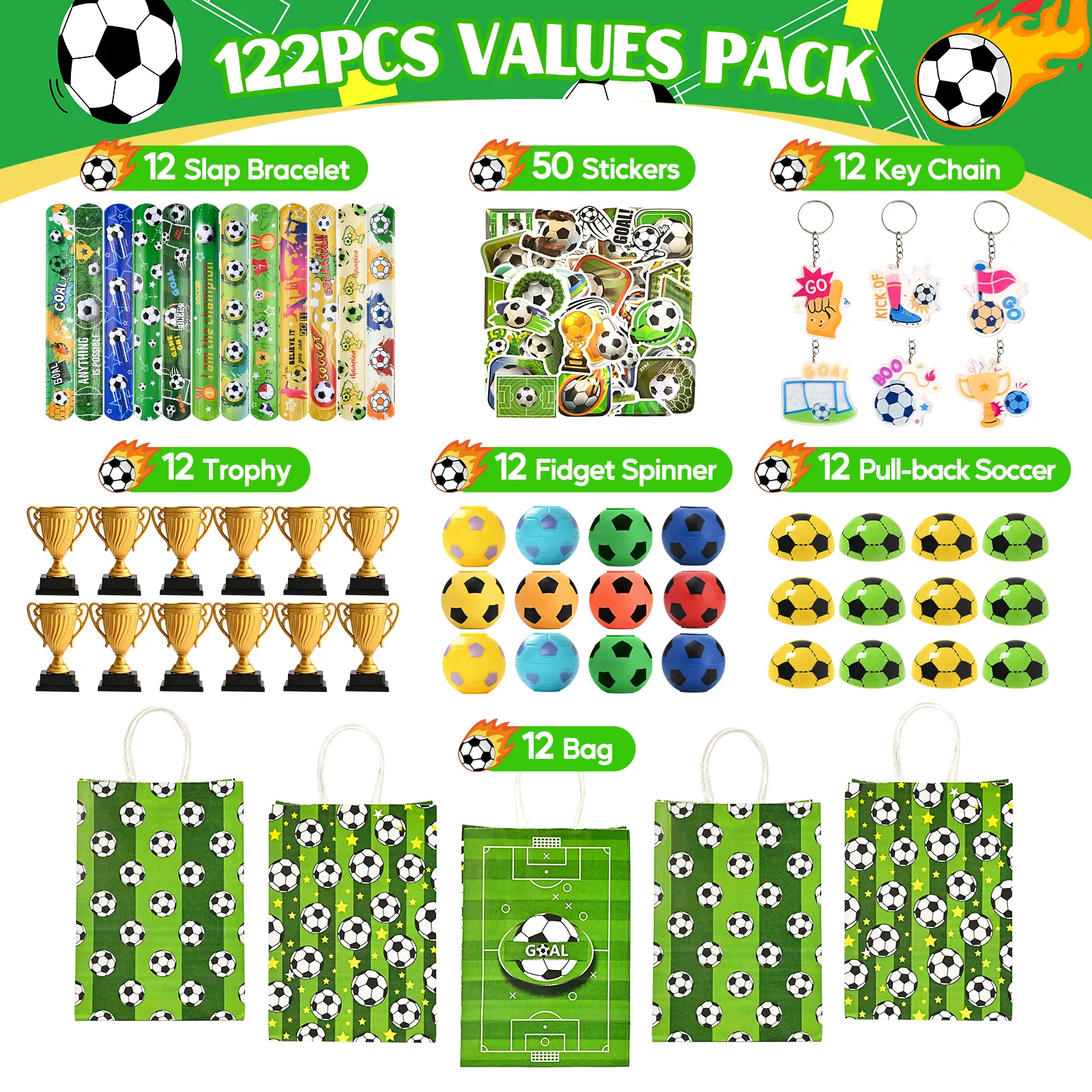 122-Pcs Soccer Party Favors Goodie Bag Set with Trophy, Pull-Back Car, Slap Bracelets, Keychains, Stickers, Fidget Spinner, Soccer Ball – Back to School Gift for Kids, Coaches, Team Moms, Child Themed Birthday Supplies Decorations Prizes