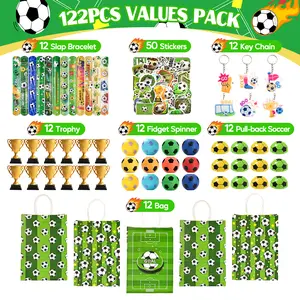 122 Pcs Soccer Party Favors Goodie Bag Set with Trophy Pull Back Car Slap Bracelets Keychains Stickers Fidget Spinner For Soccer Themed Birthday Party Supplies Decorations Gifts For Boys Girls Kids Team Prizes