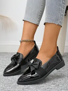 Women's New Fashion Comfortable Lightweight Shiny Bow Non-Slip Loafers, Flat PU Leather Casual Shoes for Wedding Party Office Home Outdoor