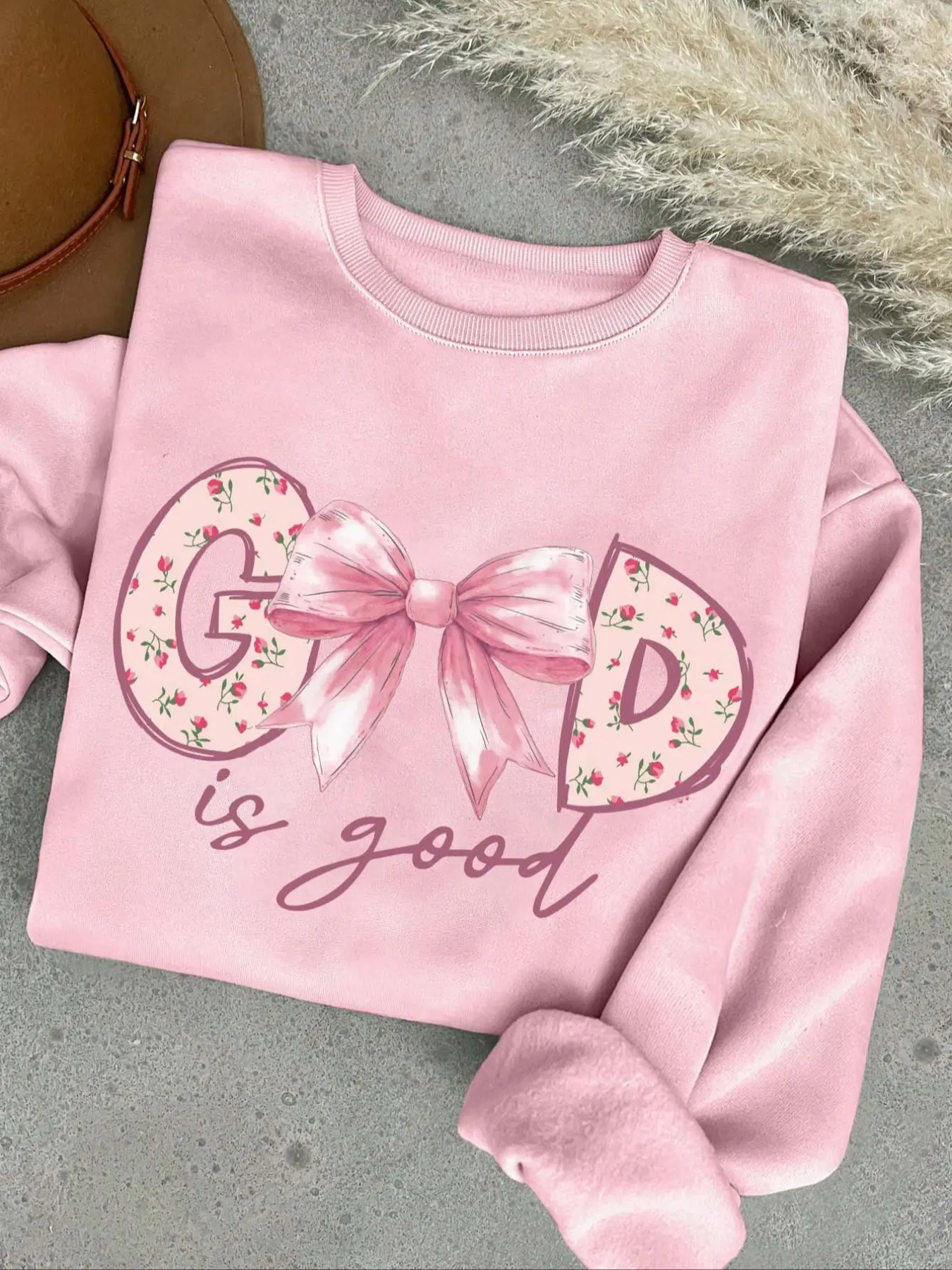 Floral Letter Bow Print Street Style Casual Sweet Fleece Pullover Sweatshirt, Fall & Winter New Floral Bow Print Hoodie Set